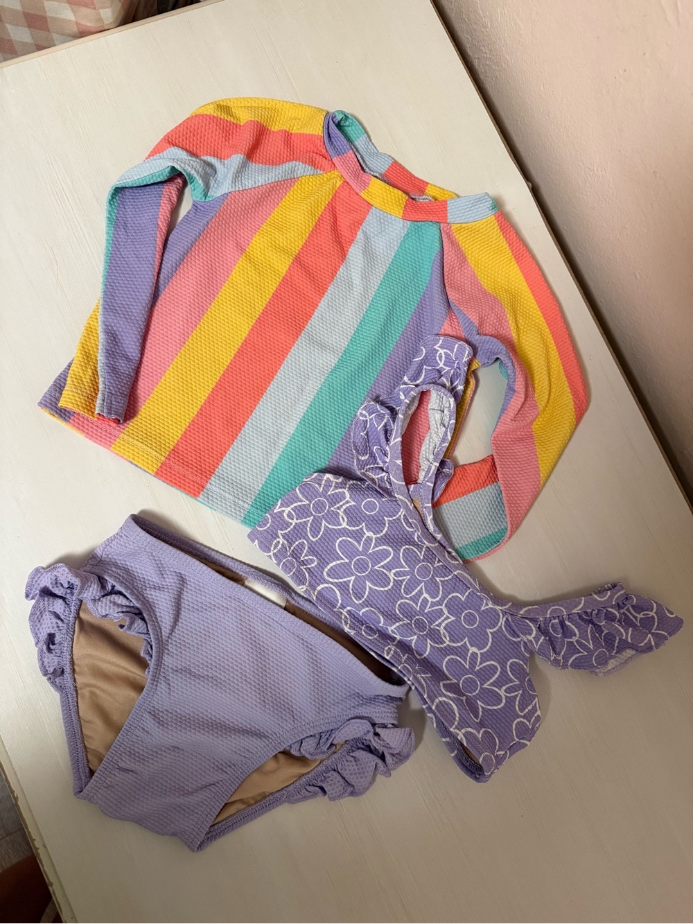 Old Navy Rainbow Stripe Long-Sleeve Rashguard with Lavender Floral Bikini